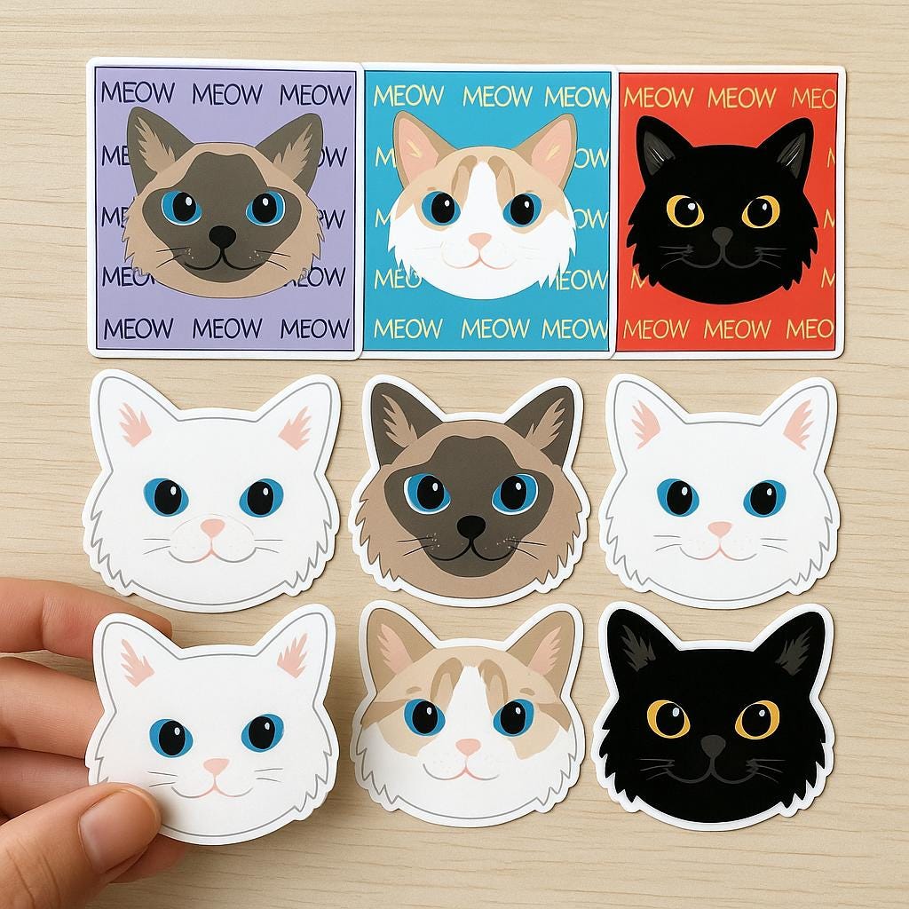 Cute Cat Face Sticker Pack – 8 Adorable Feline Stickers, Waterproof Vinyl, Cat Lover Gift, Laptop & Journal Decor, Meow Cat Stickers