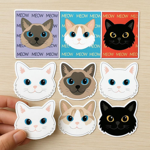 Cute Cat Face Sticker Pack – 8 Adorable Feline Stickers, Waterproof Vinyl, Cat Lover Gift, Laptop & Journal Decor, Meow Cat Stickers