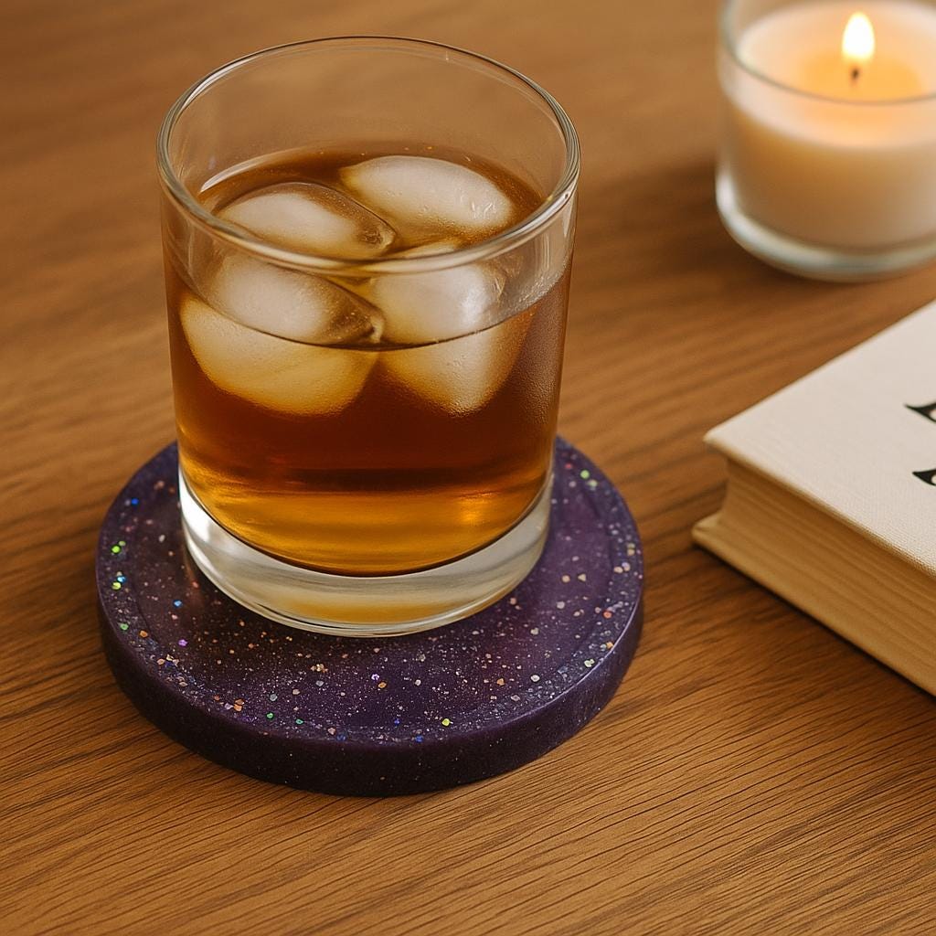 Galaxy Resin Coaster Set with Holder – Handmade Purple Glitter Epoxy Drink Coasters, Celestial Decor, Cosmic Tabletop Gift