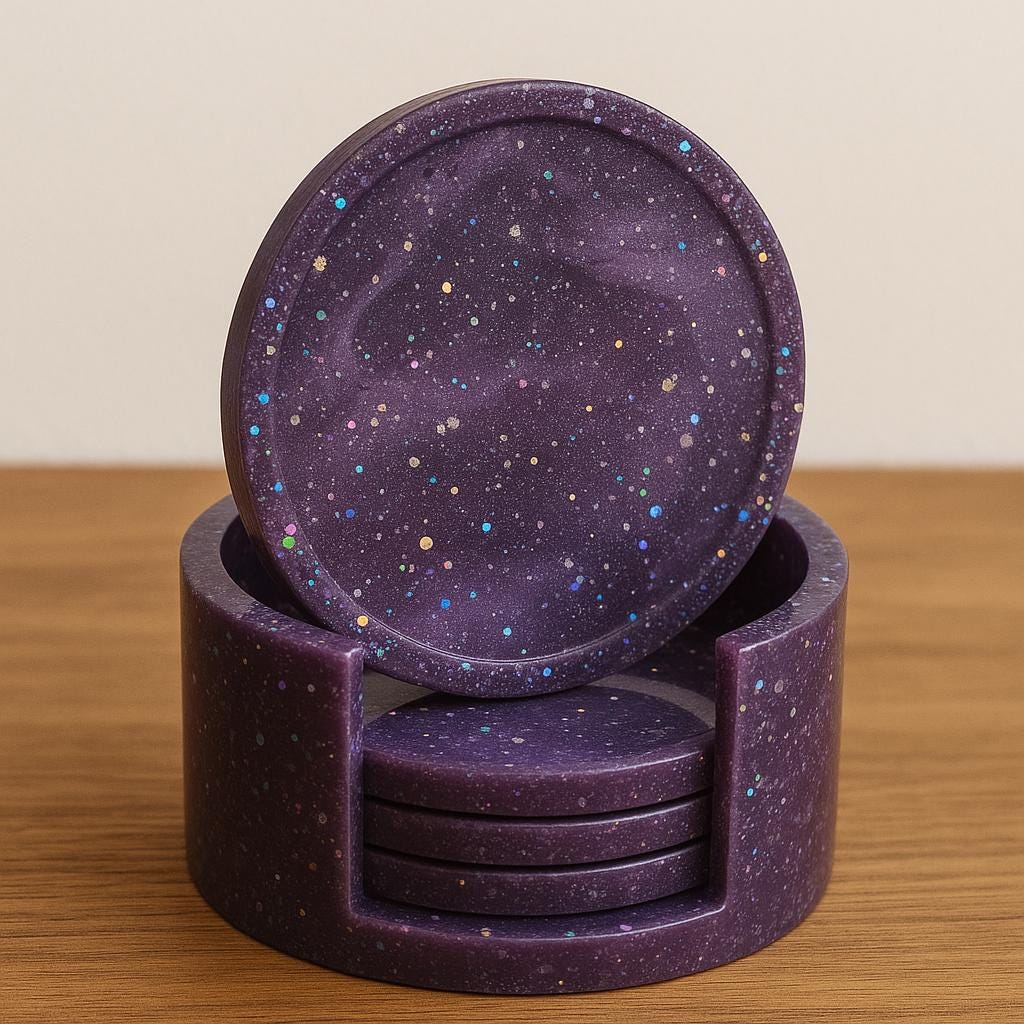 Galaxy Resin Coaster Set with Holder – Handmade Purple Glitter Epoxy Drink Coasters, Celestial Decor, Cosmic Tabletop Gift