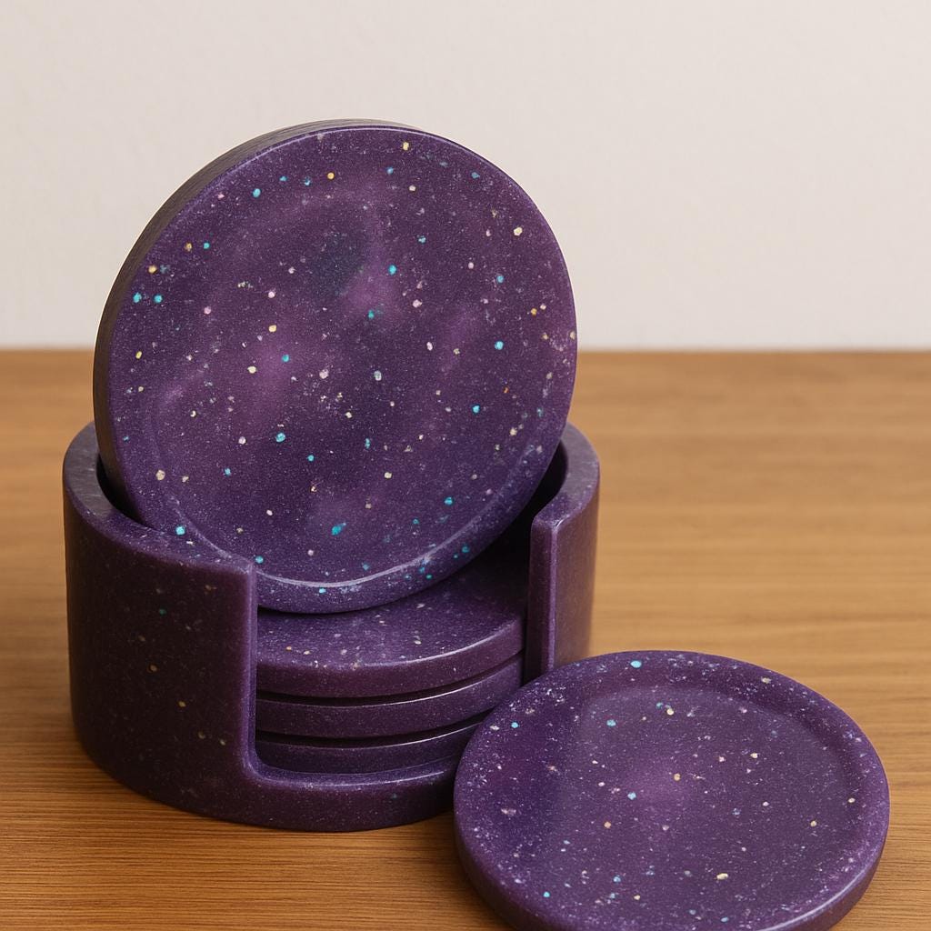 Galaxy Resin Coaster Set with Holder – Handmade Purple Glitter Epoxy Drink Coasters, Celestial Decor, Cosmic Tabletop Gift