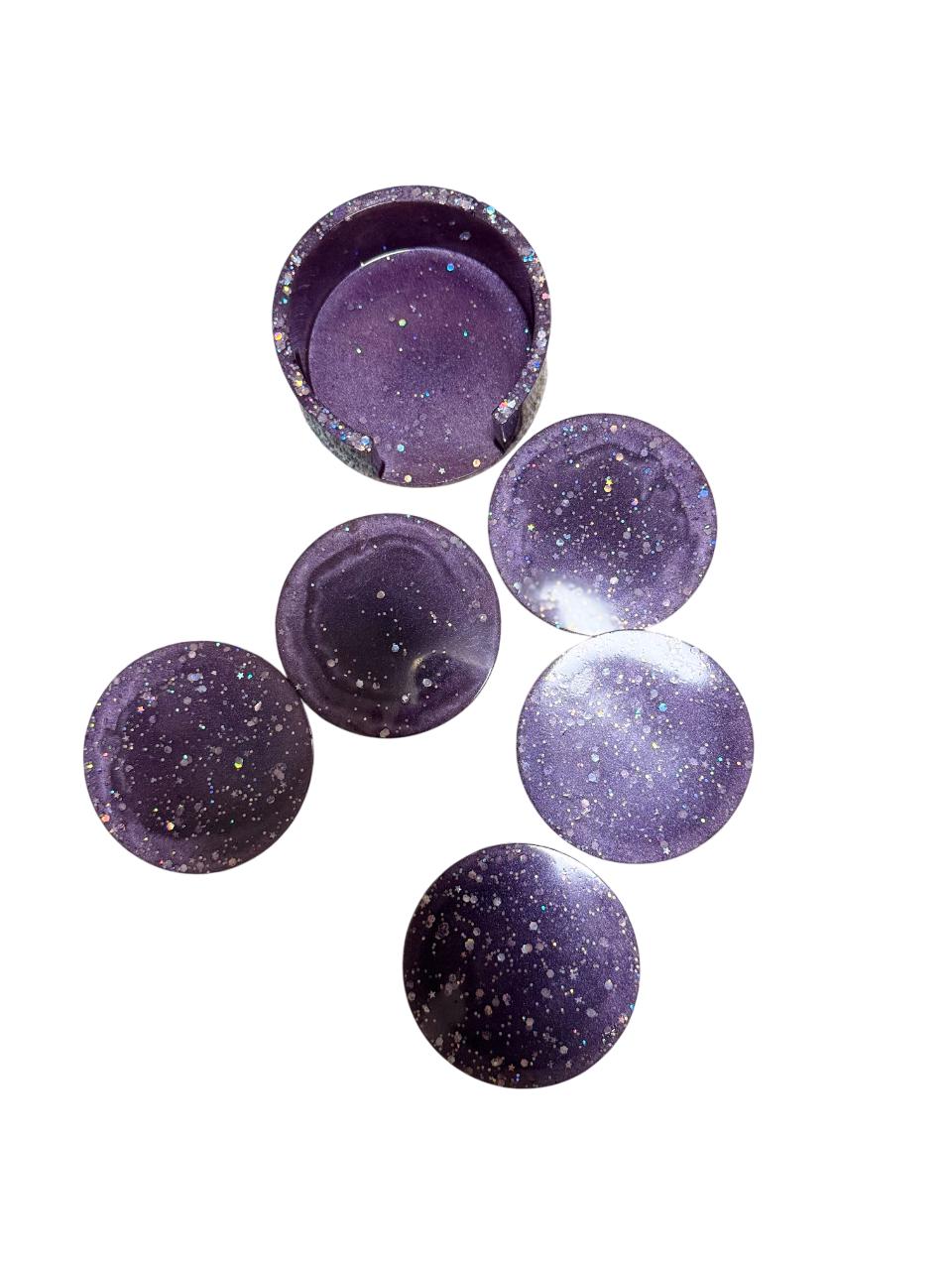 Galaxy Resin Coaster Set with Holder – Handmade Purple Glitter Epoxy Drink Coasters, Celestial Decor, Cosmic Tabletop Gift