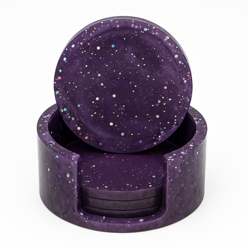 Galaxy Resin Coaster Set with Holder – Handmade Purple Glitter Epoxy Drink Coasters, Celestial Decor, Cosmic Tabletop Gift
