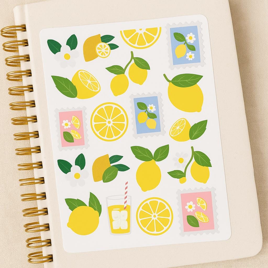 Lemon-Themed Sticker Sheet | Summer Citrus Stickers | Daisy Lemon Planner Stickers | Cute Vinyl Decals | Bright Yellow Fruit Sticker Set
