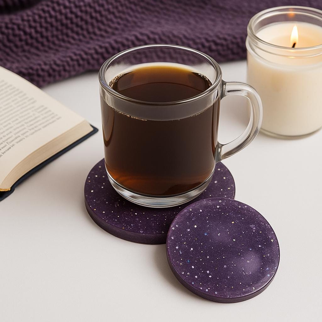 Galaxy Resin Coaster Set with Holder – Handmade Purple Glitter Epoxy Drink Coasters, Celestial Decor, Cosmic Tabletop Gift