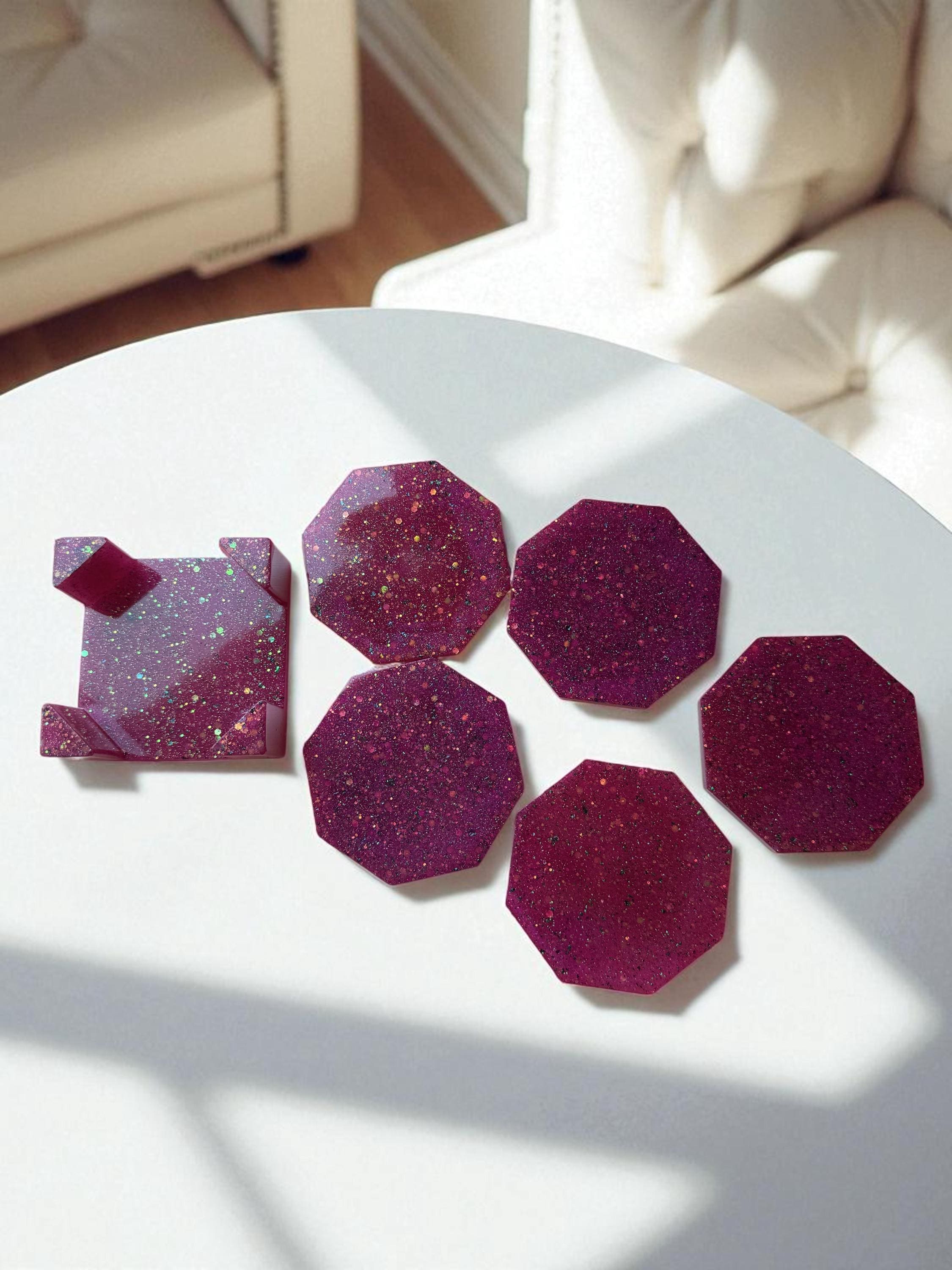 Handmade Glitter Resin Coaster Set – Octagon Drink Coasters with Holder | Sparkly Purple Coasters for Home, Office, or Gift