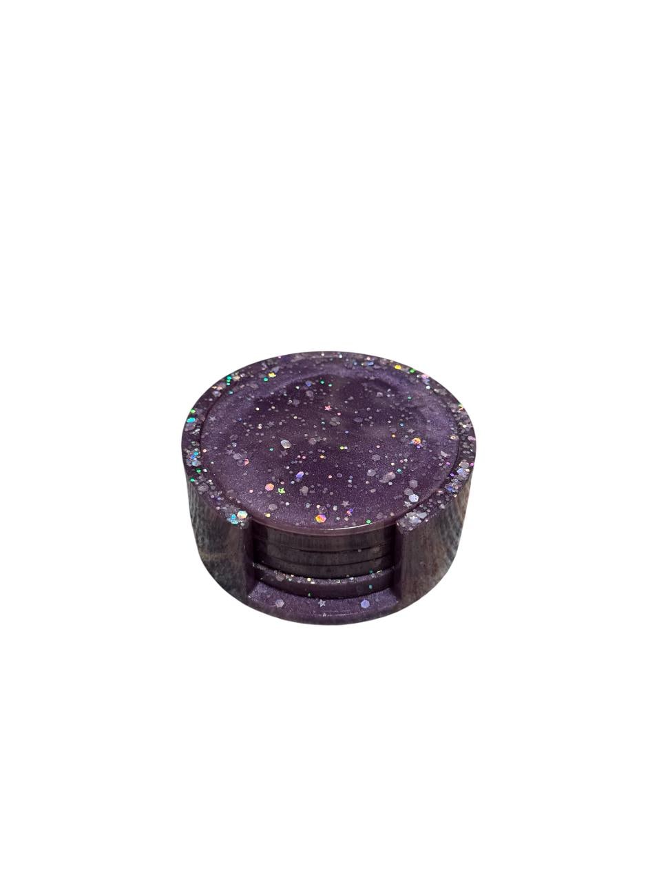 Galaxy Resin Coaster Set with Holder – Handmade Purple Glitter Epoxy Drink Coasters, Celestial Decor, Cosmic Tabletop Gift