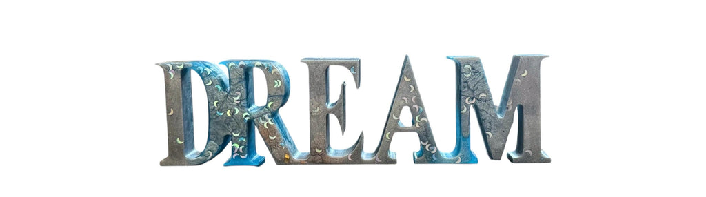 Handmade Resin "DREAM" Word Decor | Freestanding Letters with Moon Accents | Inspirational Shelf/Desk Art | Dreamy Nursery or Bedroom Decor