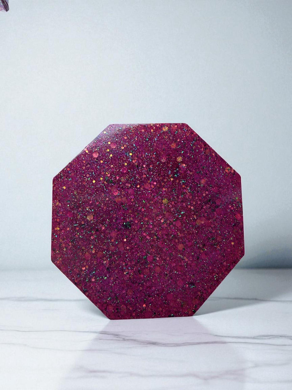 Handmade Glitter Resin Coaster Set – Octagon Drink Coasters with Holder | Sparkly Purple Coasters for Home, Office, or Gift