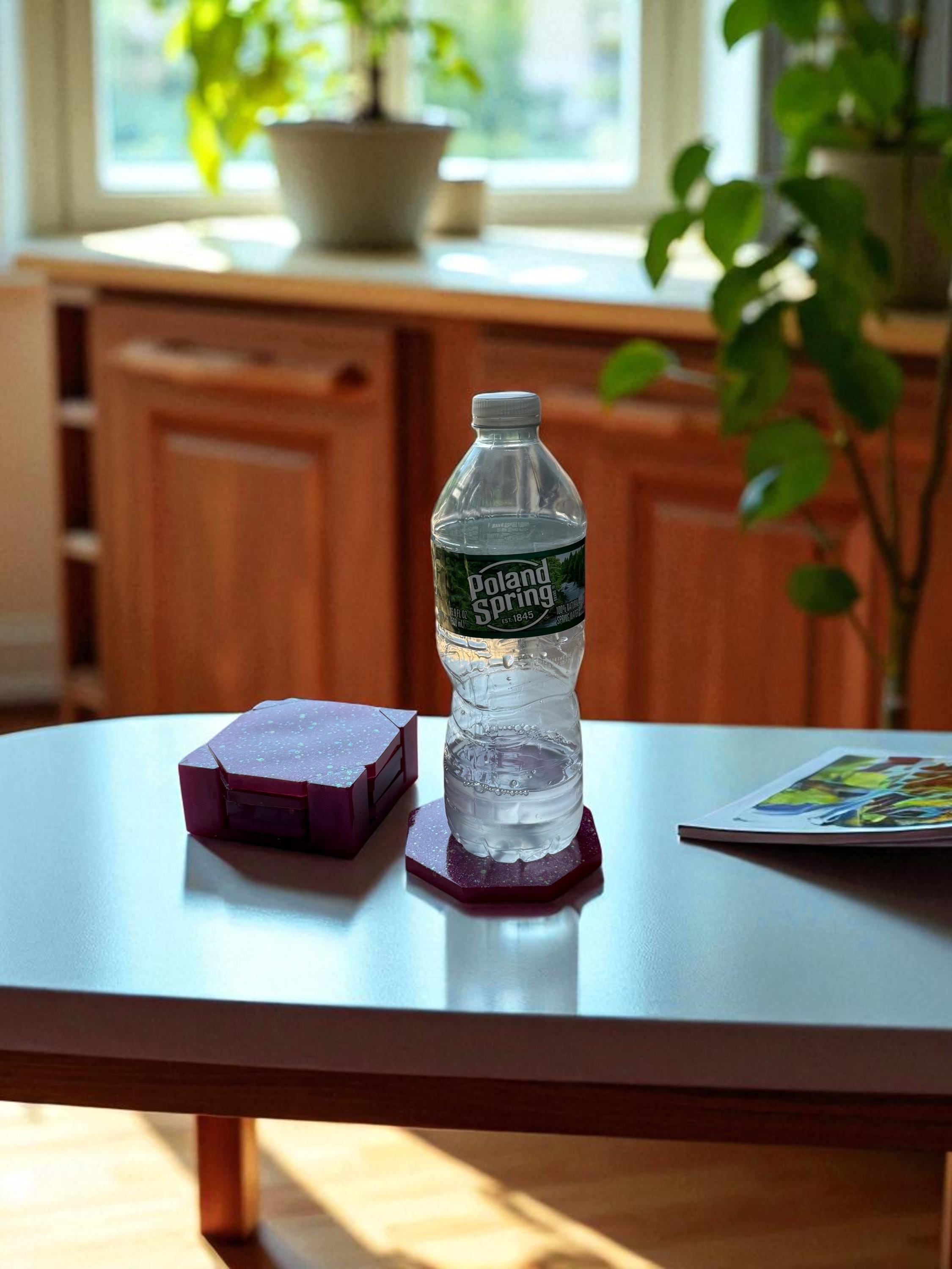 Handmade Glitter Resin Coaster Set – Octagon Drink Coasters with Holder | Sparkly Purple Coasters for Home, Office, or Gift