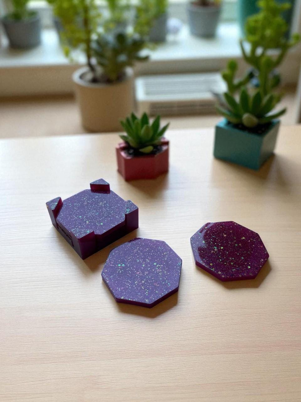 Handmade Glitter Resin Coaster Set – Octagon Drink Coasters with Holder | Sparkly Purple Coasters for Home, Office, or Gift