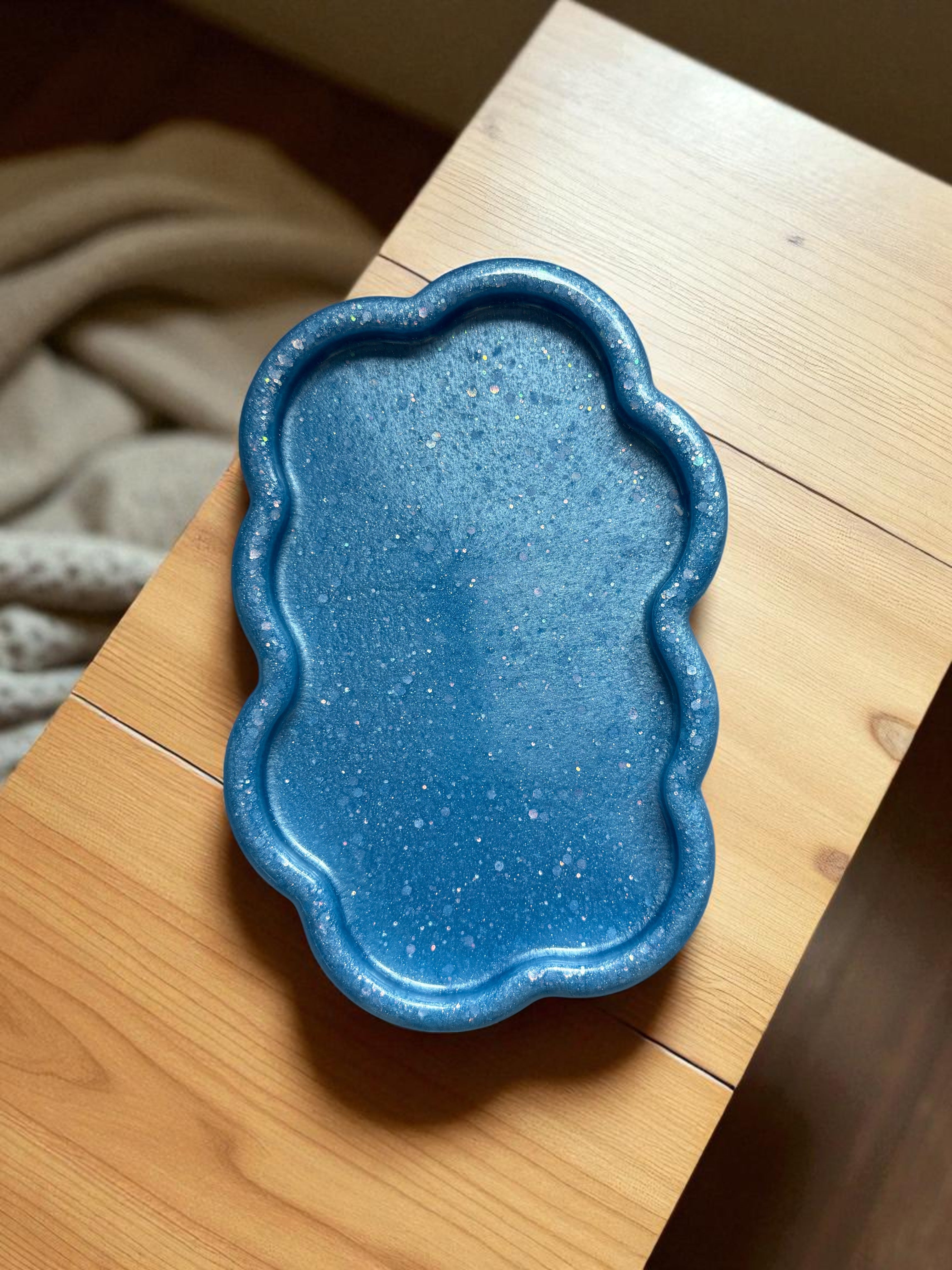 Blue Cloud Resin Trinket Tray – Glitter Vanity Organizer, Jewelry Dish, Makeup Holder, Handmade Gift