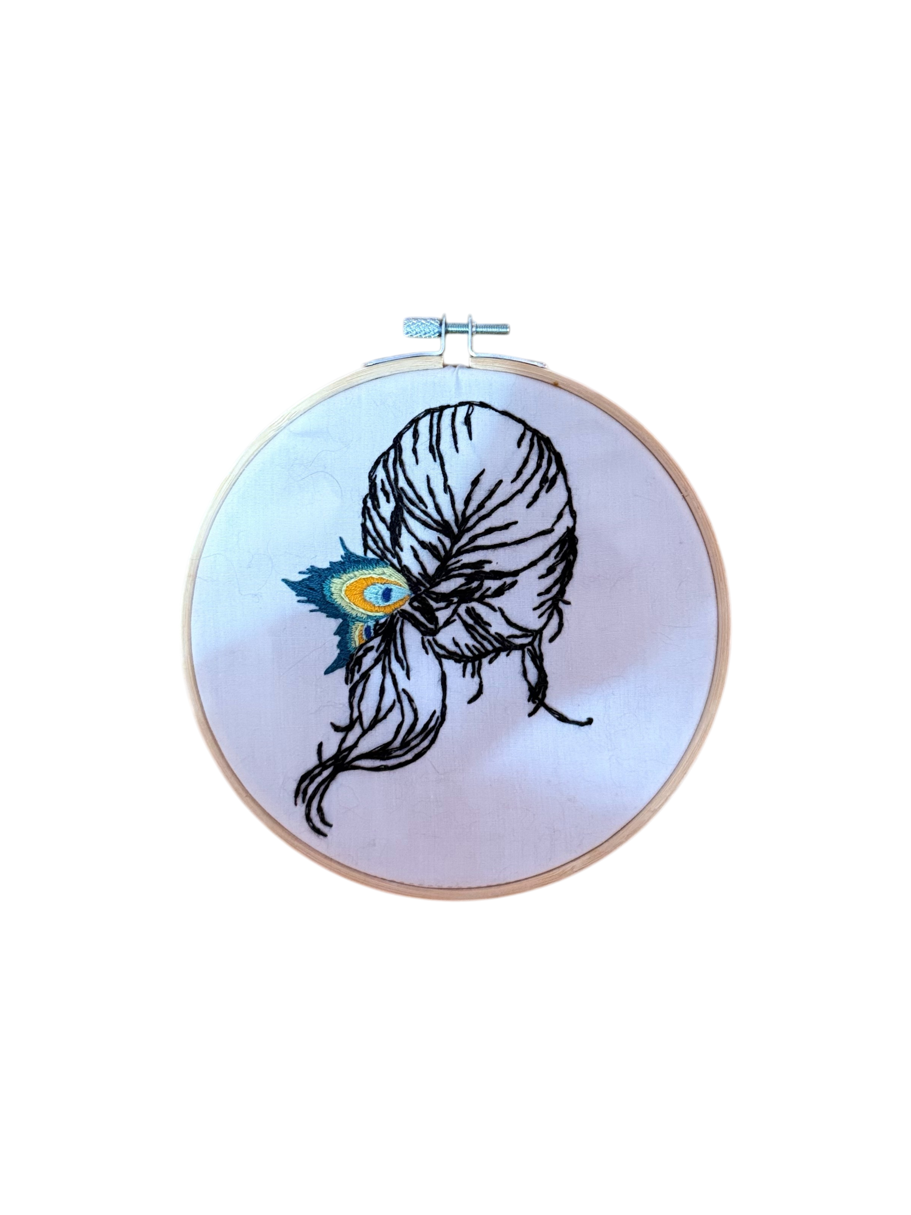 Peacock Feather Woman Hair Embroidery Hoop Art – Hand-Stitched Wall Decor, 6” Modern Minimalist Line Art
