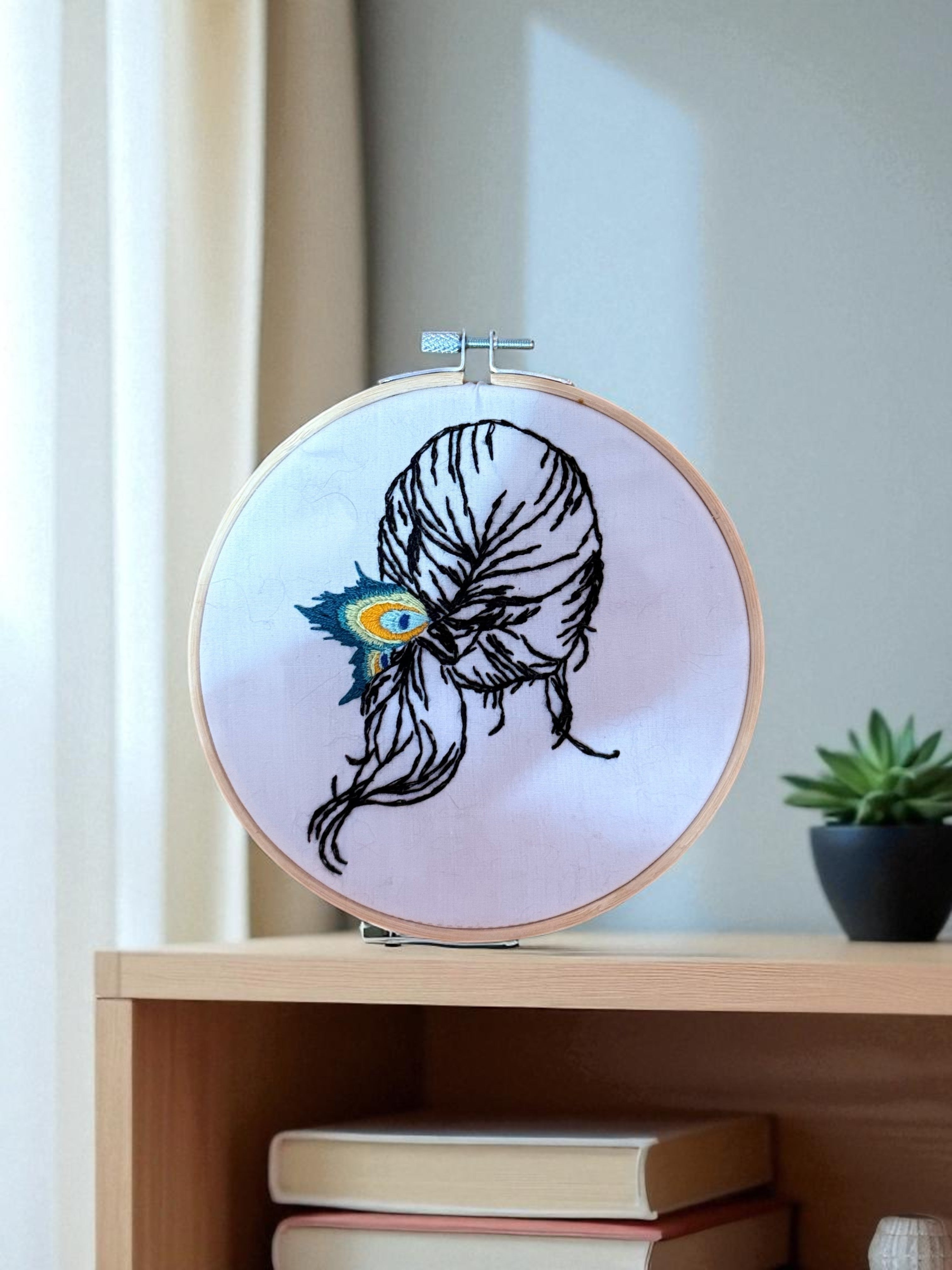 Peacock Feather Woman Hair Embroidery Hoop Art – Hand-Stitched Wall Decor, 6” Modern Minimalist Line Art