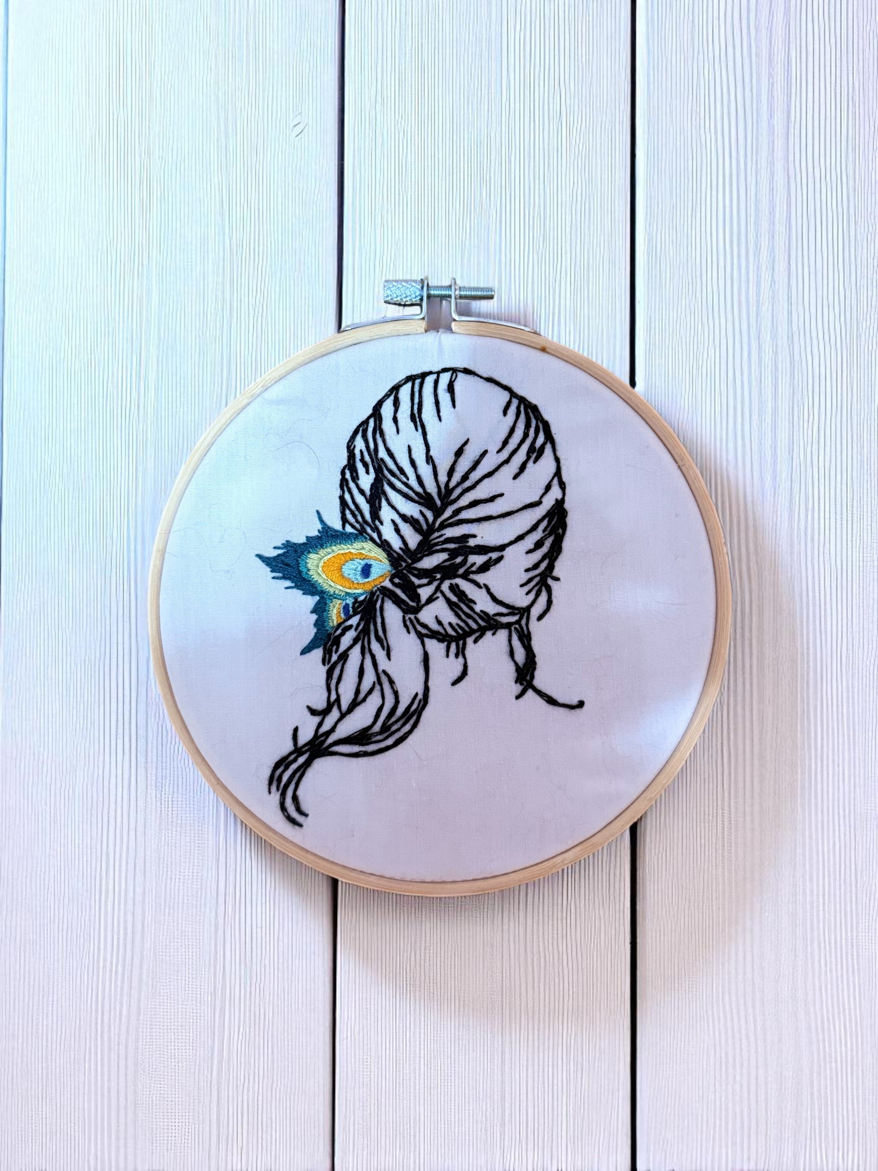 Peacock Feather Woman Hair Embroidery Hoop Art – Hand-Stitched Wall Decor, 6” Modern Minimalist Line Art