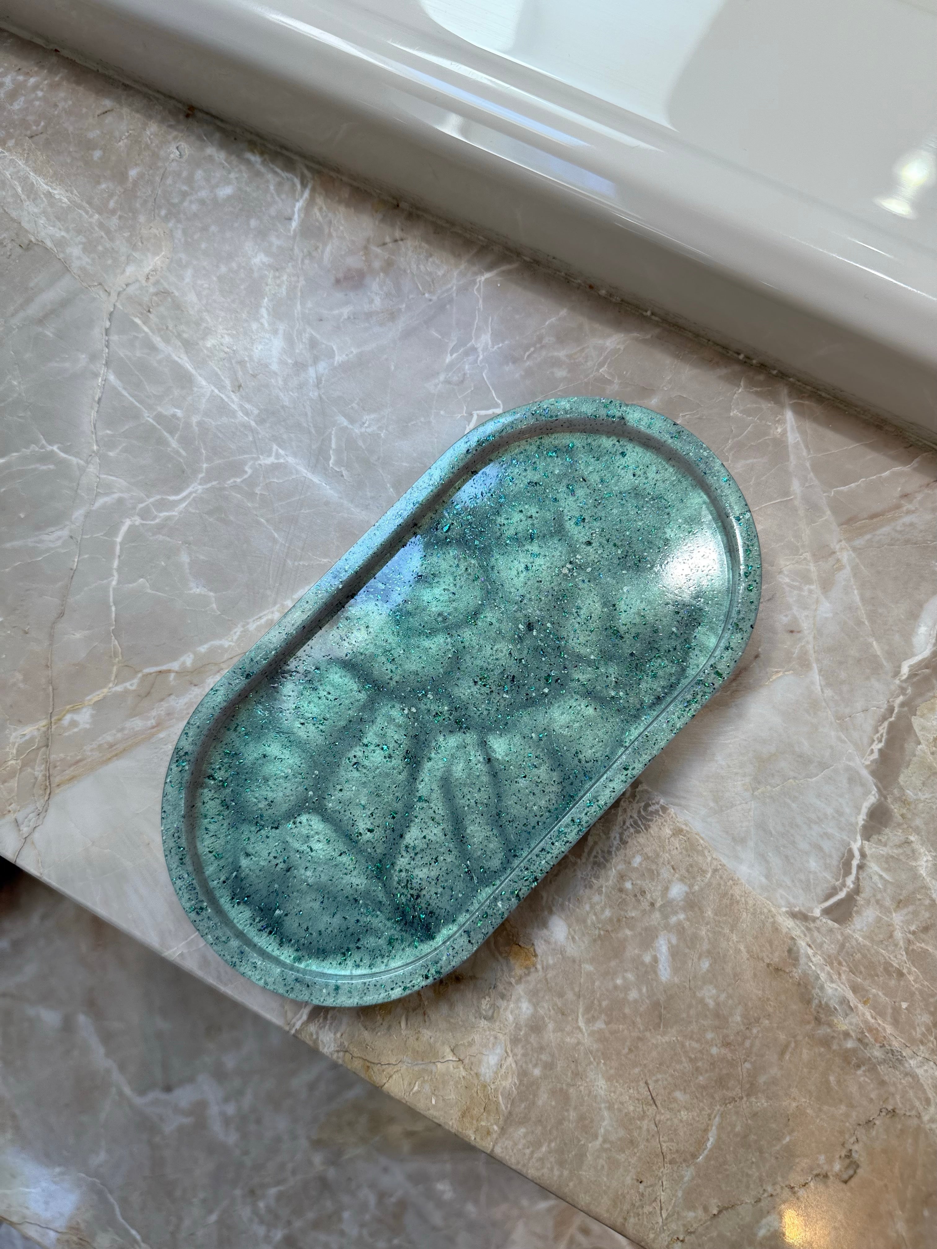 Handmade Oval Resin Tray – Teal Speckled Trinket Dish for Jewelry, Keys, Candles & Decor