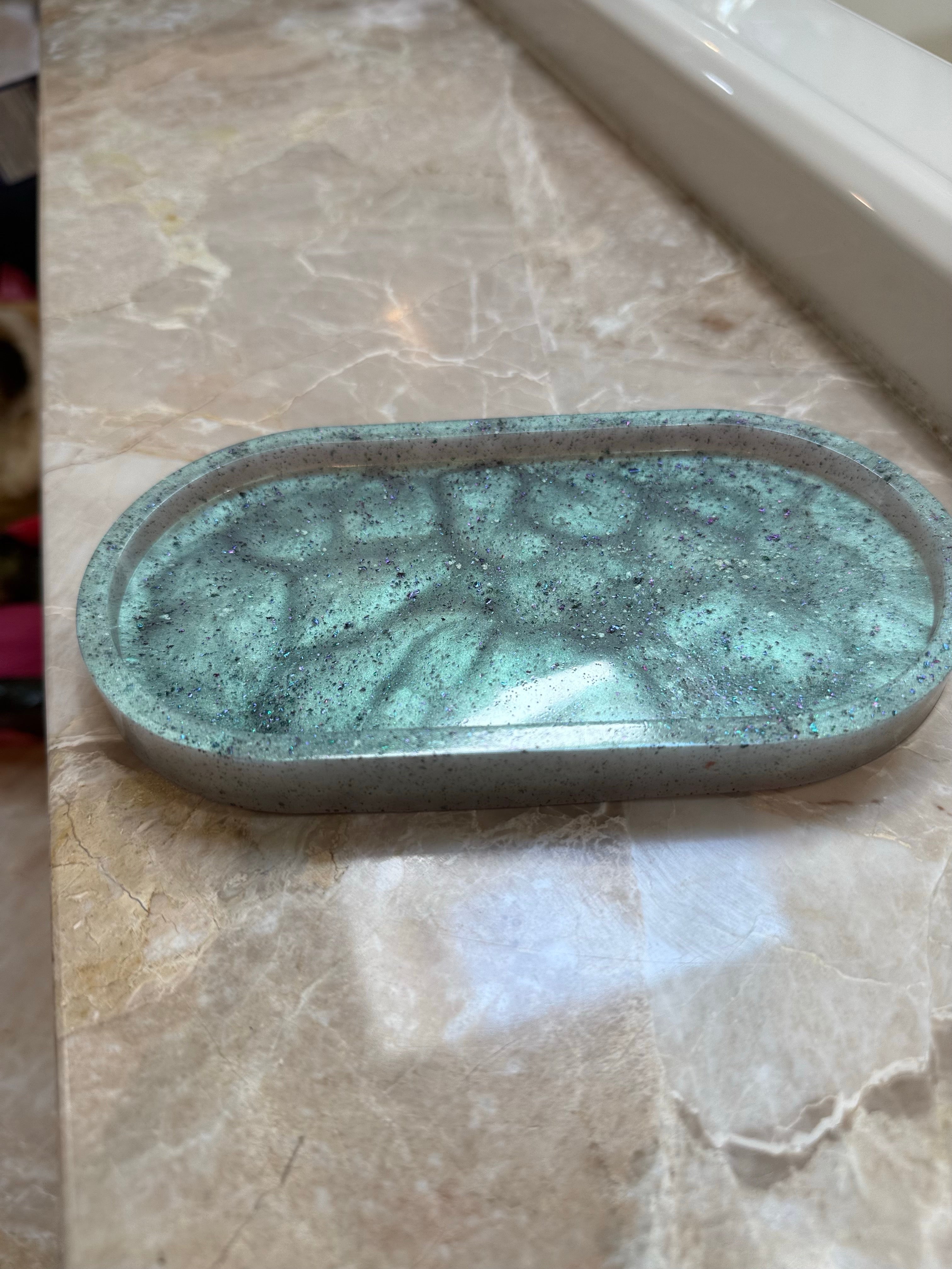 Handmade Oval Resin Tray – Teal Speckled Trinket Dish for Jewelry, Keys, Candles & Decor