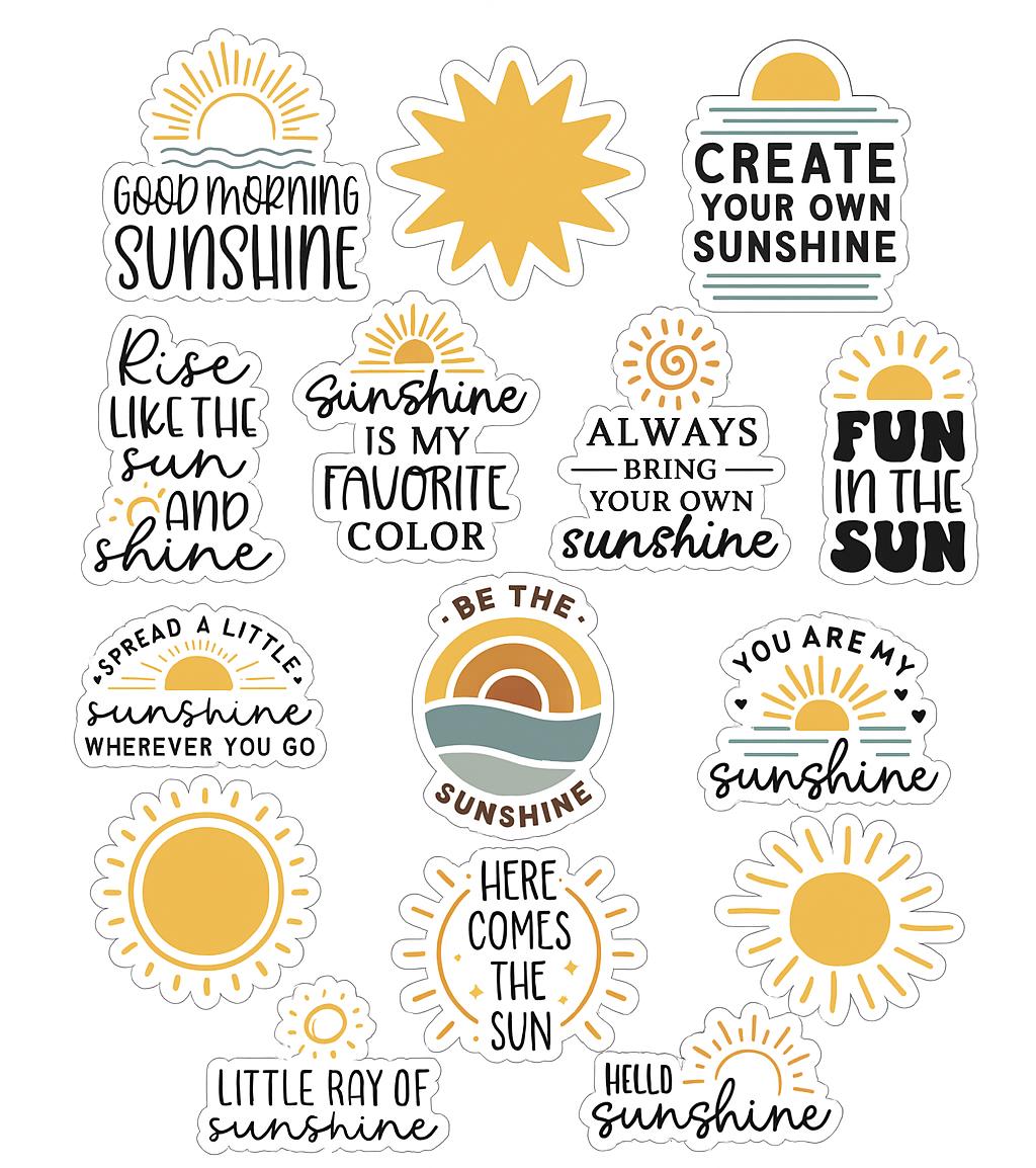 Sunshine Stickers | Retro Sun Sticker Pack | Positive Affirmation Stickers | Waterproof Vinyl Stickers for Laptop, Journal, Scrapbook, Gift