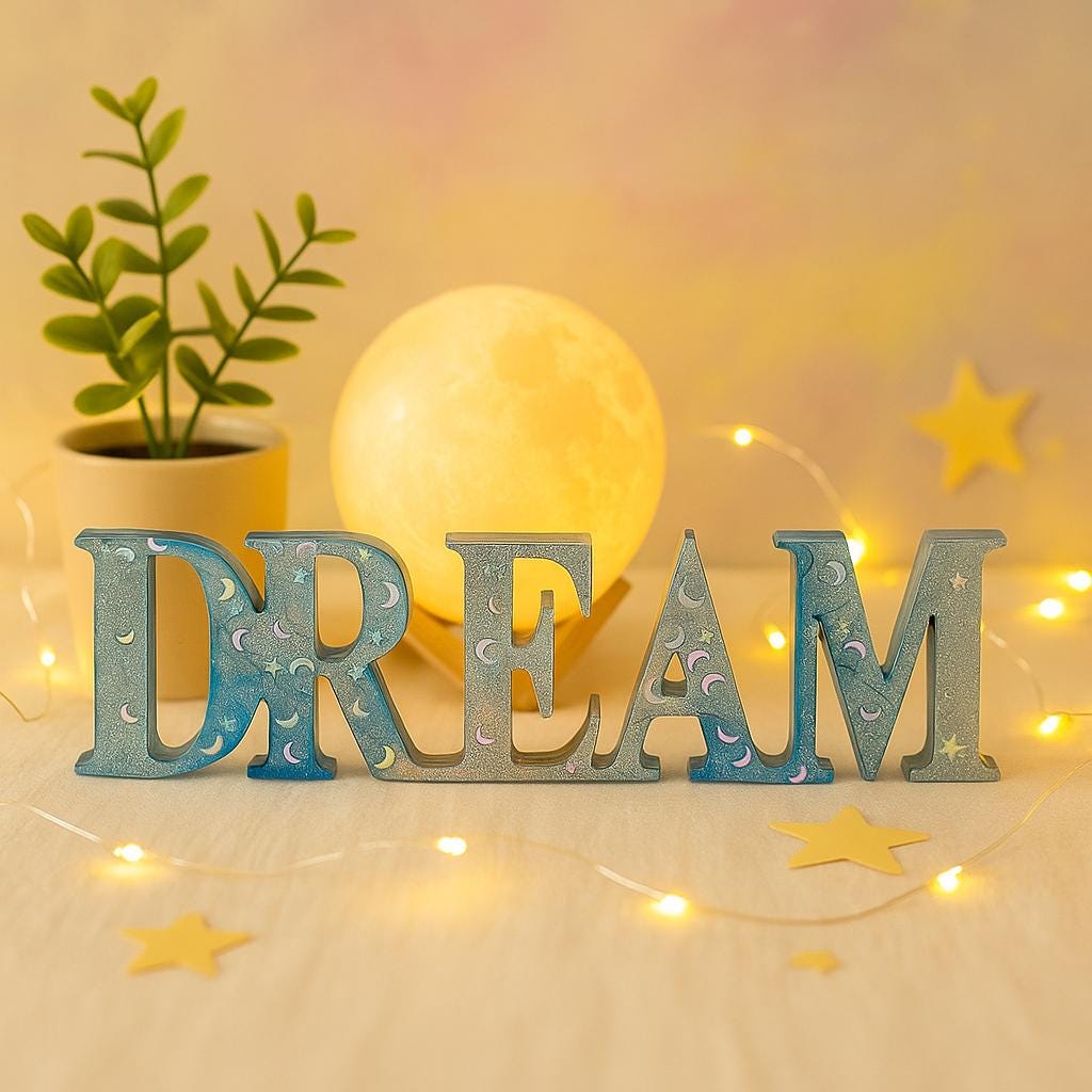 Handmade Resin "DREAM" Word Decor | Freestanding Letters with Moon Accents | Inspirational Shelf/Desk Art | Dreamy Nursery or Bedroom Decor