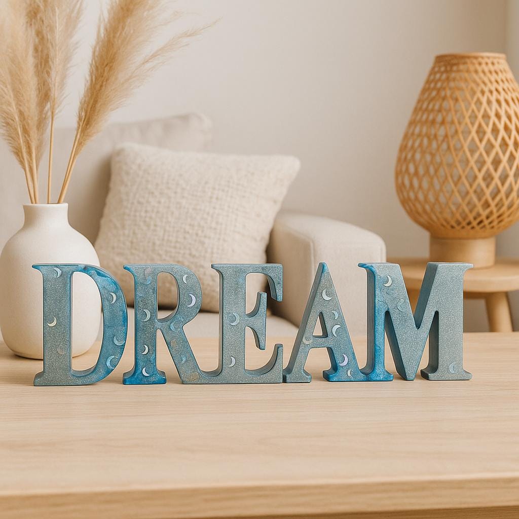 Handmade Resin "DREAM" Word Decor | Freestanding Letters with Moon Accents | Inspirational Shelf/Desk Art | Dreamy Nursery or Bedroom Decor