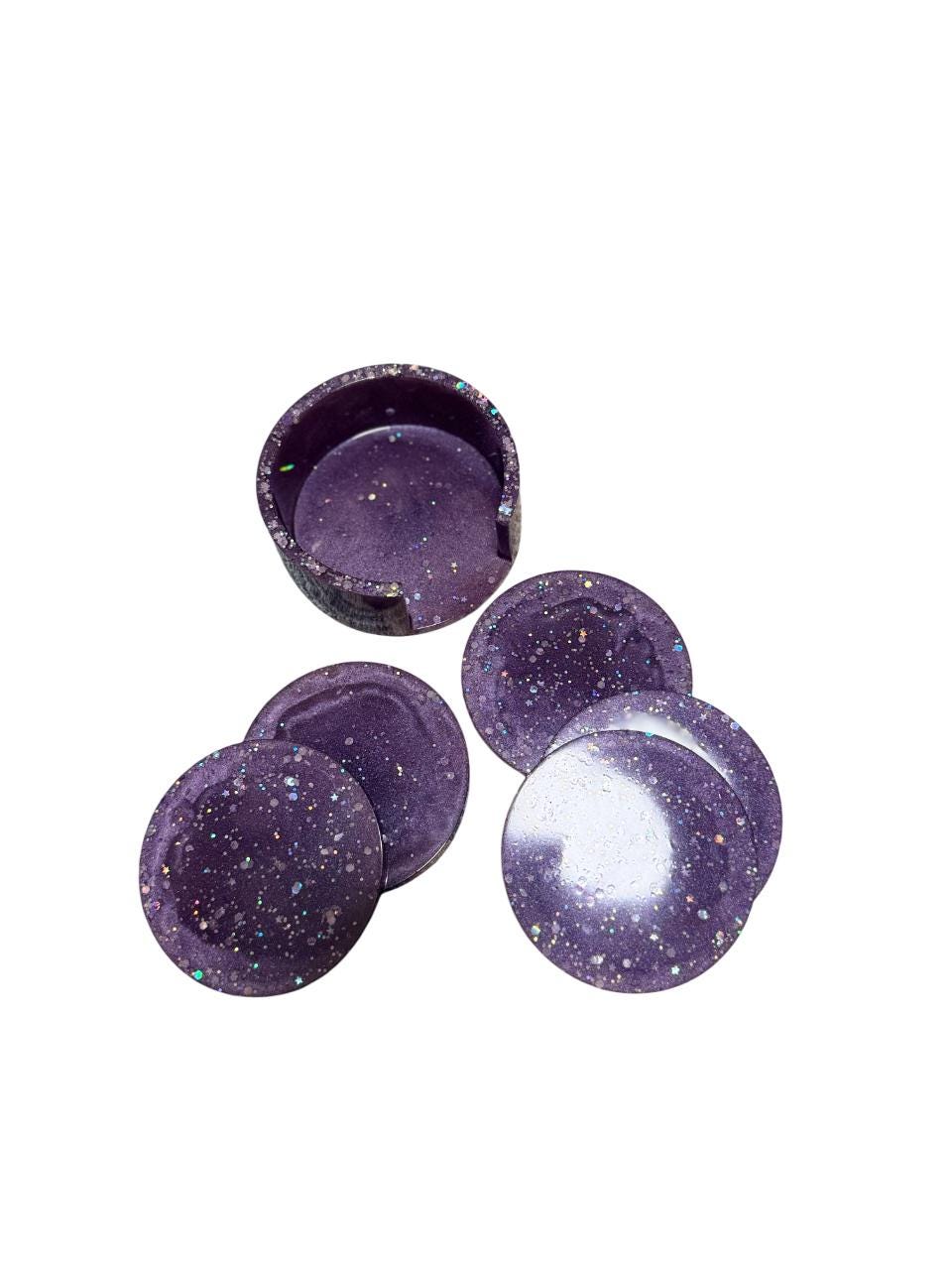 Galaxy Resin Coaster Set with Holder – Handmade Purple Glitter Epoxy Drink Coasters, Celestial Decor, Cosmic Tabletop Gift