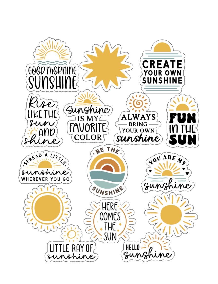 Sunshine Stickers | Retro Sun Sticker Pack | Positive Affirmation Stickers | Waterproof Vinyl Stickers for Laptop, Journal, Scrapbook, Gift